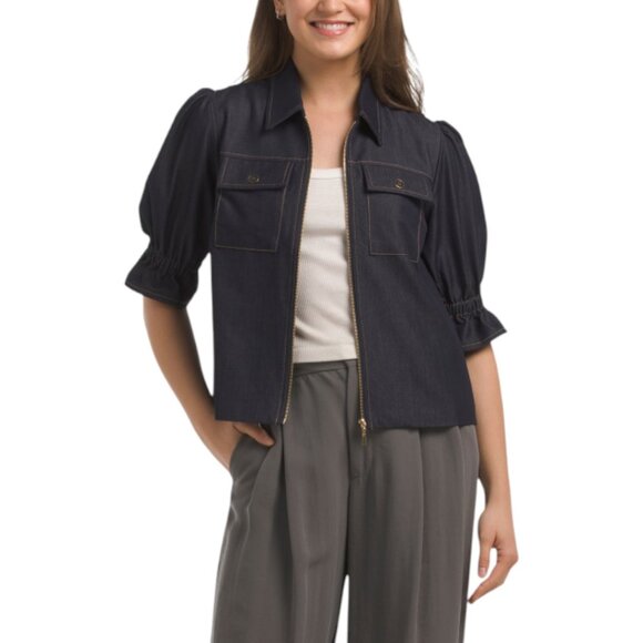 NANETTE LEPORE Flutter Sleeve Zip Front Career Denim Blazer - Picture 1 of 3